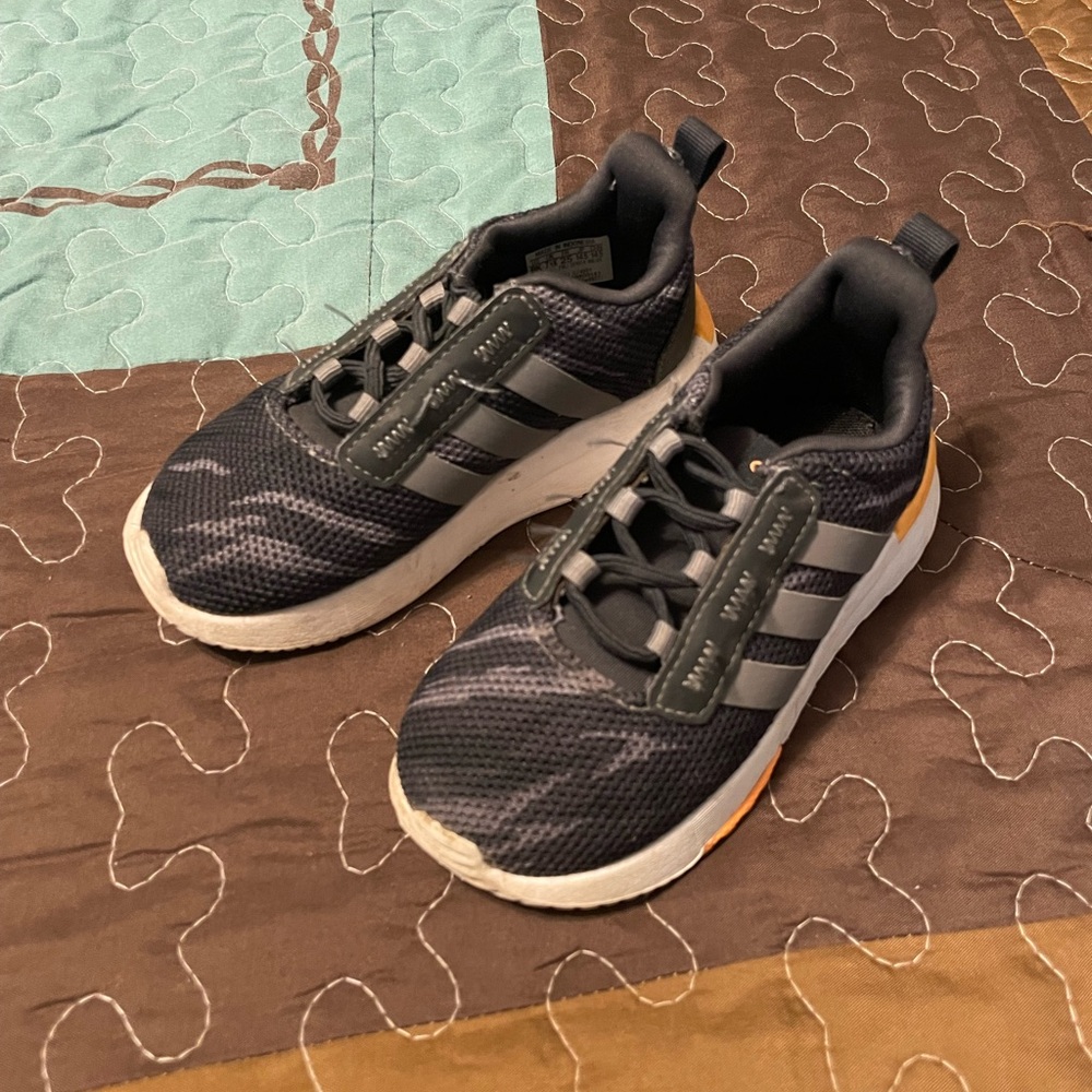 Adidas Kids Black and White Sneakers with Orange Accents